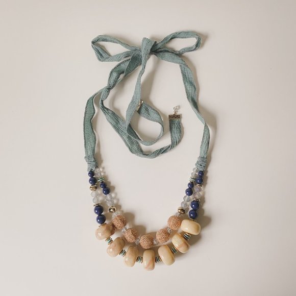 Ann Taylor Factory Boho Chunky Beige Tan Beaded Pastel Teal Ribbon Tie Necklace - Picture 2 of 12
